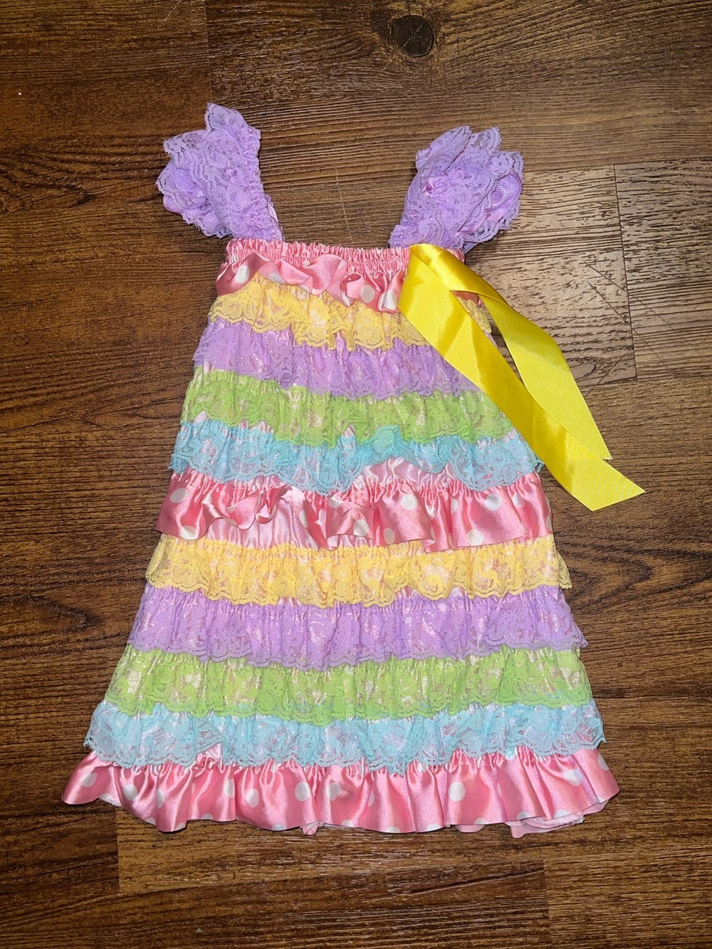 Royal Gem Pastel Rainbow Tiered Ruffle Lace Dress Yellow Satin Bow Size 2-3 Year